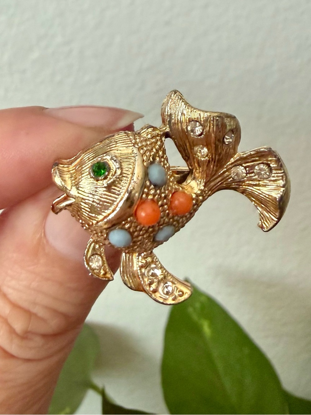 Vintage Mid Century Gold Fish Brooch with Aqua & Orange Beads Green Rhinestone